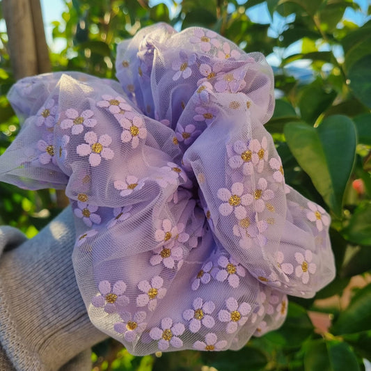 Scrunchie doble lila flores